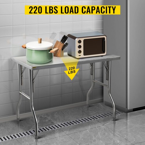 Commercial Worktable Workstation 121.9x61 cm Folding Commercial Prep Table, Heavy-duty Stainless Steel Folding Table with 299.8 kg Load, Kitchen Work Table, Silver Stainless Steel Kitchen Island
