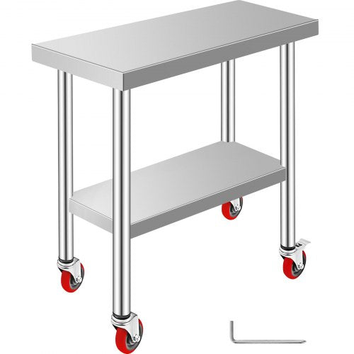 Stainless Steel Work Table 30 x 12 x 34 Inch, 700 LBS Load Capacity with 4 Wheels, 3 Adjustable Height Levels, Heavy Duty Food Prep Worktable for Commercial Kitchen Restaurant, Silver
