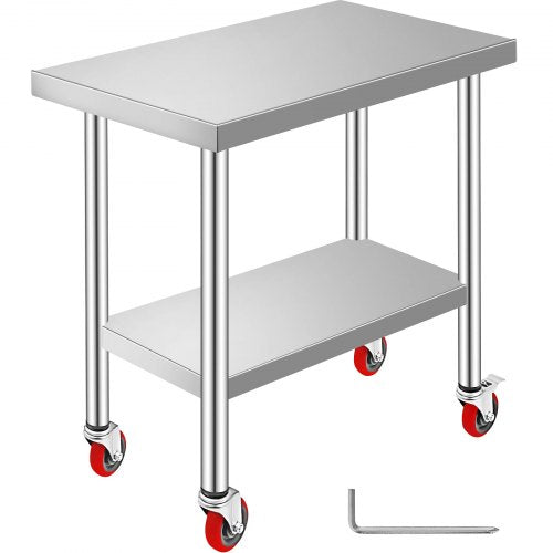 Stainless Steel Work Table 30 x 18 x 34 Inch, 700 LBS Load Capacity with 4 Wheels, 3 Adjustable Height Levels, Heavy Duty Food Prep Worktable for Commercial Kitchen Restaurant, Silver