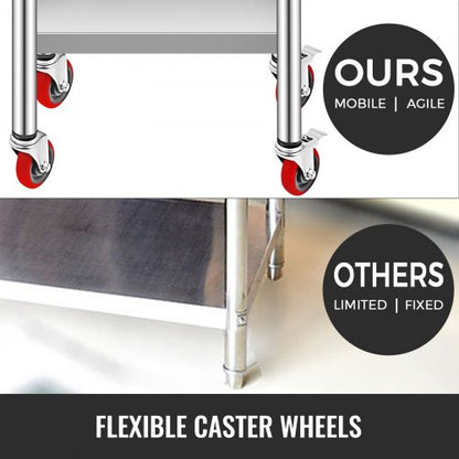 Stainless Steel Work Table 30 x 18 x 34 Inch, 700 LBS Load Capacity with 4 Wheels, 3 Adjustable Height Levels, Heavy Duty Food Prep Worktable for Commercial Kitchen Restaurant, Silver