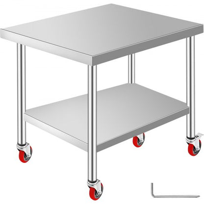 Stainless Steel Work Table 36 x 30 x 34 Inch, 700 LBS Load Capacity with 4 Wheels, 3 Adjustable Height Levels, Heavy Duty Food Prep Worktable for Commercial Kitchen Restaurant, Silver