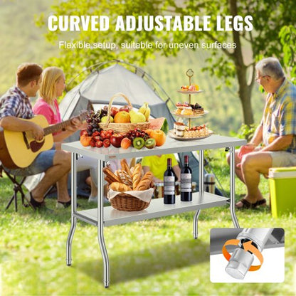 Commercial Worktable Workstation 121.9x61 cm Folding Commercial Prep Table, Heavy-duty Stainless Steel Folding Table with 350.2 kg Load, Kitchen Work Table, Silver Stainless Steel Kitchen Island
