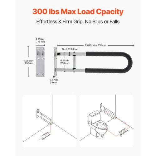 Toilet Safety Rail, 23.8 Inch U-Shaped Handicap Grab Bar, Foldable Senior Safety Pole, Flip Up Toilet Grab Bar with Anti-Slip Support Handle, 300 Lb Load Capacity for Elderly, Disabled, Pregnant