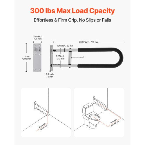 Toilet Safety Rail, 30 Inch U-Shaped Handicap Grab Bar, Foldable Senior Safety Pole, Flip Up Toilet Grab Bars with Anti-Slip Handle, 300 Lbs Load Capacity Security Handrail with Paper Holder