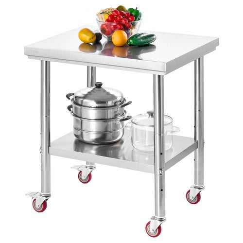 Stainless Steel Table, 60 x 76 cm Food Prep Worktable with Wheels, Kitchen Prep Table with Adjustable Undershelf Workstations for Commercial Kitchen, Restaurant, Hotel and Garage, Outdoor
