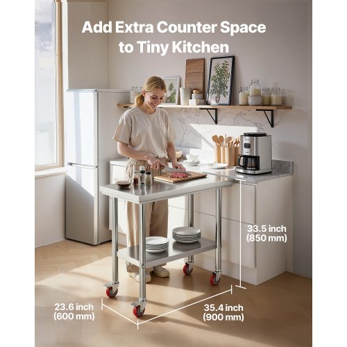 Stainless Steel Table, 60 x 90 cm Food Prep Worktable with Wheels, Kitchen Prep Table with Adjustable Undershelf Workstations for Commercial Kitchen, Restaurant, Hotel and Garage, Outdoor