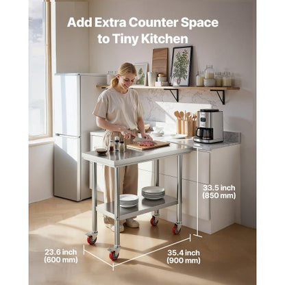 Stainless Steel Table, 60 x 90 cm Food Prep Worktable with Wheels, Kitchen Prep Table with Adjustable Undershelf Workstations for Commercial Kitchen, Restaurant, Hotel and Garage, Outdoor
