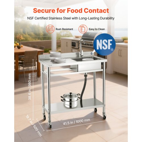 Stainless Steel Utility Sink, Rolling Single Bowl Commercial Kitchen Sink with Wheels, Faucet and Hot & Cold Water Pipe, Utility Basin Workbench for Garage Restaurant Laundry 1000 x 500 x 1055mm