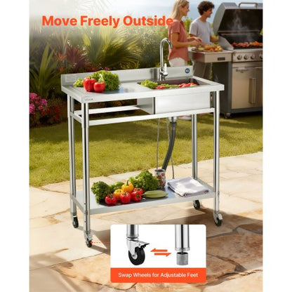 Stainless Steel Utility Sink, Rolling Single Bowl Commercial Kitchen Sink with Wheels, Faucet and Hot & Cold Water Pipe, Utility Basin Workbench for Garage Restaurant Laundry 1000 x 500 x 1055mm