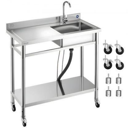 Stainless Steel Utility Sink, Rolling Single Bowl Commercial Kitchen Sink with Wheels, Faucet and Hot & Cold Water Pipe, Utility Basin Workbench for Garage Restaurant Laundry 1000 x 500 x 1055mm