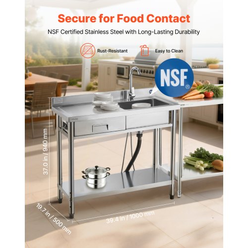 Stainless Steel Utility Sink, Free Standing Single Bowl Commercial Kitchen Sink with Drawer, Faucet and Hot & Cold Water Pipe, Utility Basin for Garage Restaurant Laundry, 1000 x 500 x 940 mm
