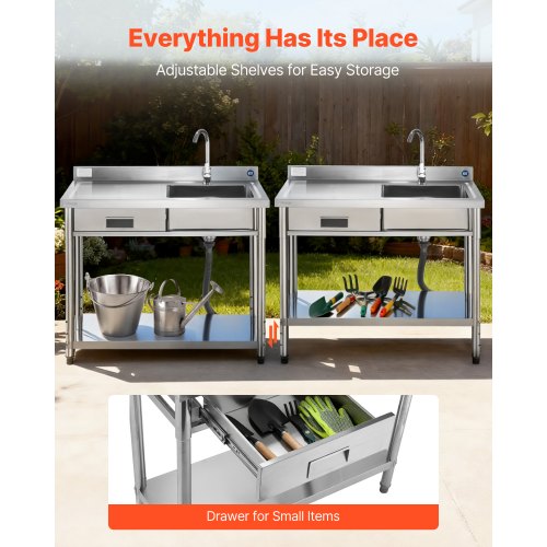 Stainless Steel Utility Sink, Free Standing Single Bowl Commercial Kitchen Sink with Drawer, Faucet and Hot & Cold Water Pipe, Utility Basin for Garage Restaurant Laundry, 1000 x 500 x 940 mm