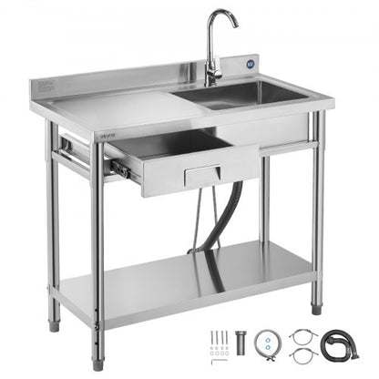 Stainless Steel Utility Sink, Free Standing Single Bowl Commercial Kitchen Sink with Drawer, Faucet and Hot & Cold Water Pipe, Utility Basin for Garage Restaurant Laundry, 1000 x 500 x 940 mm