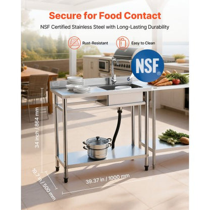 Stainless Steel Utility Sink, Free Standing Single Bowl Commercial Kitchen Sink with Faucet, 1000 x 500 x 940 mm, Utility Left Basin with Hot & Cold Water Pipe for Garage, Restaurant, Laundry