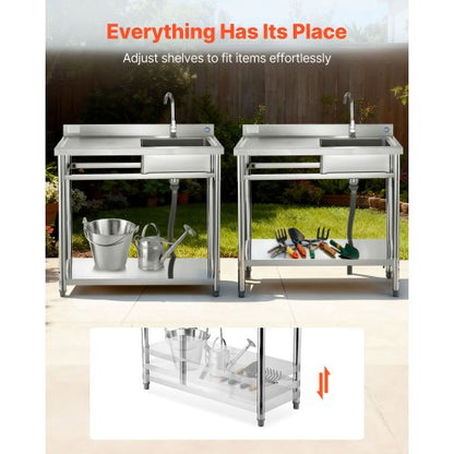 Stainless Steel Utility Sink, Free Standing Single Bowl Commercial Kitchen Sink with Faucet, 1000 x 500 x 940 mm, Utility Left Basin with Hot & Cold Water Pipe for Garage, Restaurant, Laundry