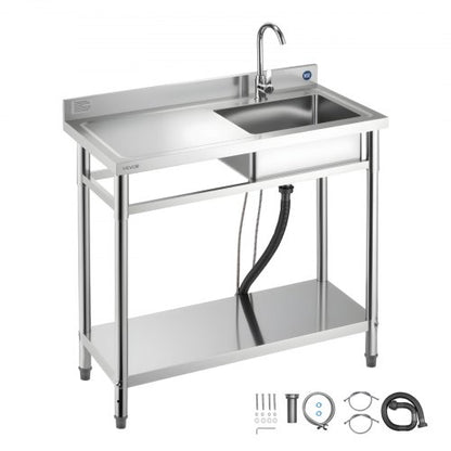 Stainless Steel Utility Sink, Free Standing Single Bowl Commercial Kitchen Sink with Faucet, 1000 x 500 x 940 mm, Utility Left Basin with Hot & Cold Water Pipe for Garage, Restaurant, Laundry