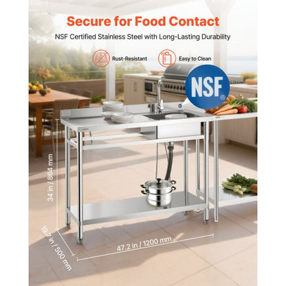 Stainless Steel Utility Sink, Free Standing Single Bowl Commercial Kitchen Sink with Faucet, Utility Left Basin Workbench with Hot & Cold Water Pipe for Garage Restaurant Laundry, 1200x500x940mm