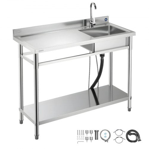 Stainless Steel Utility Sink, Free Standing Single Bowl Commercial Kitchen Sink with Faucet, Utility Left Basin Workbench with Hot & Cold Water Pipe for Garage Restaurant Laundry, 1200x500x940mm