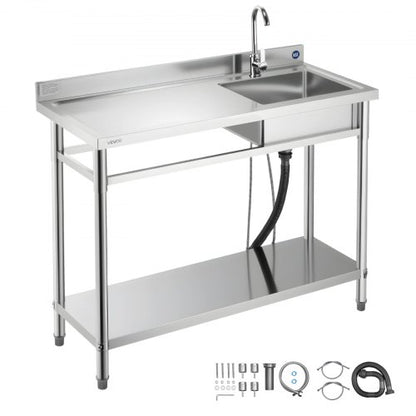 Stainless Steel Utility Sink, Free Standing Single Bowl Commercial Kitchen Sink with Faucet, Utility Left Basin Workbench with Hot & Cold Water Pipe for Garage Restaurant Laundry, 1200x500x940mm
