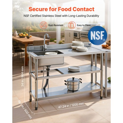 Stainless Steel Utility Sink, Free Standing Single Bowl Commercial Kitchen Sink with Faucet and Hot & Cold Water Pipe, Dual Storage Shelves for Garage, Restaurant, Laundry, 1200 x 500 x 940 mm