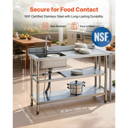 Stainless Steel Utility Sink, Free Standing Single Bowl Commercial Kitchen Sink with Faucet and Hot & Cold Water Pipe, Dual Storage Shelves for Garage, Restaurant, Laundry, 1200 x 500 x 940 mm