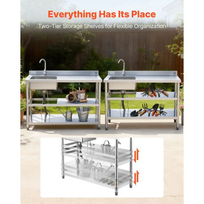 Stainless Steel Utility Sink, Free Standing Single Bowl Commercial Kitchen Sink with Faucet and Hot & Cold Water Pipe, Dual Storage Shelves for Garage, Restaurant, Laundry, 1200 x 500 x 940 mm