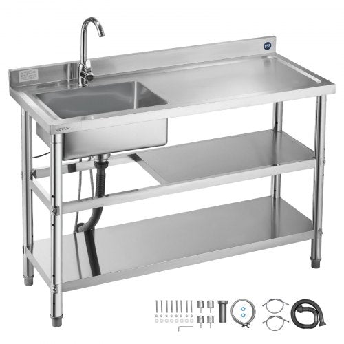 Stainless Steel Utility Sink, Free Standing Single Bowl Commercial Kitchen Sink with Faucet and Hot & Cold Water Pipe, Dual Storage Shelves for Garage, Restaurant, Laundry, 1200 x 500 x 940 mm