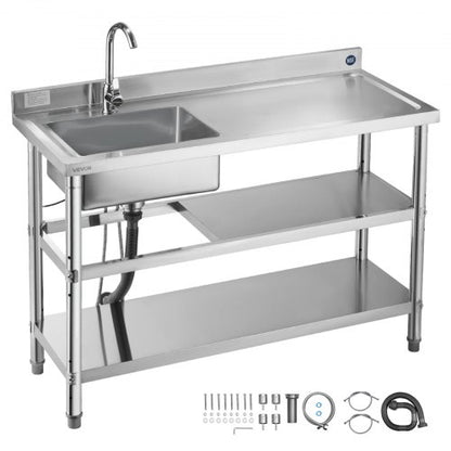 Stainless Steel Utility Sink, Free Standing Single Bowl Commercial Kitchen Sink with Faucet and Hot & Cold Water Pipe, Dual Storage Shelves for Garage, Restaurant, Laundry, 1200 x 500 x 940 mm