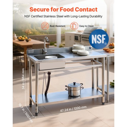 Stainless Steel Utility Sink, Freestanding Single Bowl Commercial Kitchen Sink with Faucet, Utility Right Basin Workbench with Hot & Cold Water Pipe for Garage Restaurant Laundry, 1200x500x940mm