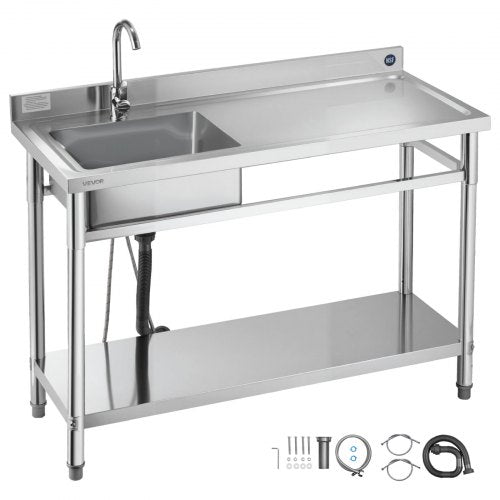 Stainless Steel Utility Sink, Freestanding Single Bowl Commercial Kitchen Sink with Faucet, Utility Right Basin Workbench with Hot & Cold Water Pipe for Garage Restaurant Laundry, 1200x500x940mm