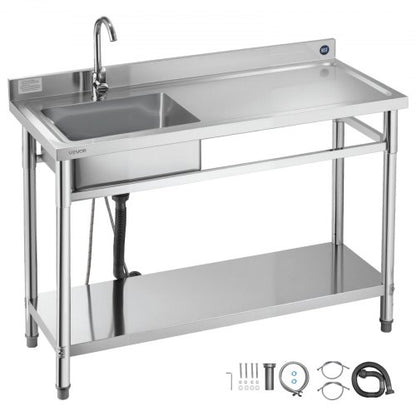 Stainless Steel Utility Sink, Freestanding Single Bowl Commercial Kitchen Sink with Faucet, Utility Right Basin Workbench with Hot & Cold Water Pipe for Garage Restaurant Laundry, 1200x500x940mm