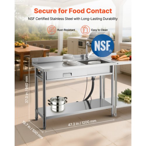 Stainless Steel Utility Sink, Rolling Single Bowl Commercial Kitchen Sink with Drawer, Faucet and Hot & Cold Water Pipe, Utility Basin for Garage, Restaurant, Laundry, 1200 x 500 x 940 mm