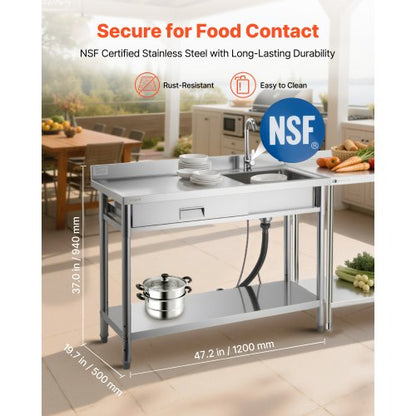 Stainless Steel Utility Sink, Rolling Single Bowl Commercial Kitchen Sink with Drawer, Faucet and Hot & Cold Water Pipe, Utility Basin for Garage, Restaurant, Laundry, 1200 x 500 x 940 mm
