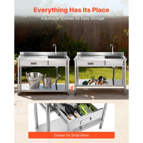 Stainless Steel Utility Sink, Rolling Single Bowl Commercial Kitchen Sink with Drawer, Faucet and Hot & Cold Water Pipe, Utility Basin for Garage, Restaurant, Laundry, 1200 x 500 x 940 mm