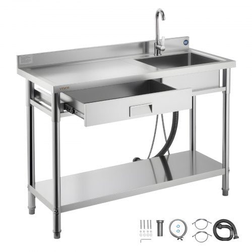 Stainless Steel Utility Sink, Rolling Single Bowl Commercial Kitchen Sink with Drawer, Faucet and Hot & Cold Water Pipe, Utility Basin for Garage, Restaurant, Laundry, 1200 x 500 x 940 mm