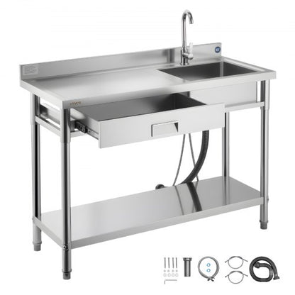 Stainless Steel Utility Sink, Rolling Single Bowl Commercial Kitchen Sink with Drawer, Faucet and Hot & Cold Water Pipe, Utility Basin for Garage, Restaurant, Laundry, 1200 x 500 x 940 mm