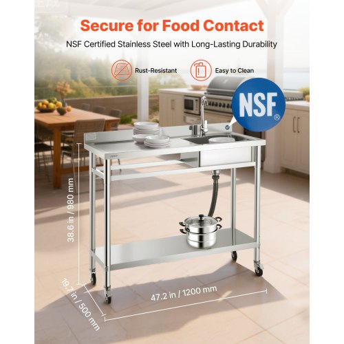 Stainless Steel Utility Sink, Rolling Single Bowl Commercial Kitchen Sink with Wheels, Faucet and Hot & Cold Water Pipe, Utility Basin Workbench for Garage Restaurant Laundry 1200 x 500 x 1055mm