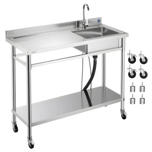 Stainless Steel Utility Sink, Rolling Single Bowl Commercial Kitchen Sink with Wheels, Faucet and Hot & Cold Water Pipe, Utility Basin Workbench for Garage Restaurant Laundry 1200 x 500 x 1055mm