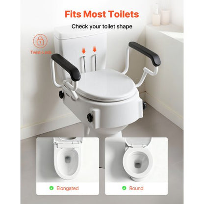Raised Toilet Seat with Arms, 136.1 kg Load Capacity, 3-Level Adjustable Height, Widened Commode Elevated Toilet Seat Riser with Padded Handles for Seniors, Elderly, Handicap, Disabled, Adults
