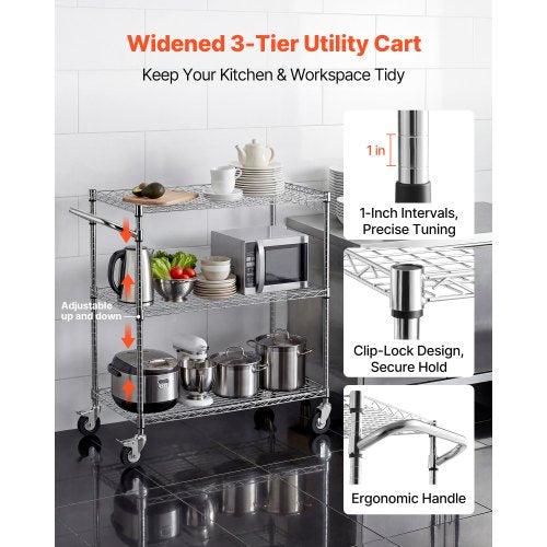 Kitchen Utility Cart, 3 Tier Heavy Duty Adjustable Wire Storage Rack, Commercial Steel Rolling Service Trolley on Wheels, Work Table with Handle Bar, for Garage and Laundry Room, 89x45x104 cm