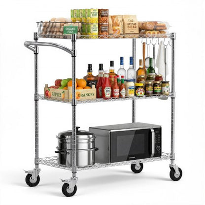 Kitchen Utility Cart, 3 Tier Heavy Duty Adjustable Wire Storage Rack, Commercial Steel Rolling Service Trolley on Wheels, Work Table with Handle Bar, for Garage and Laundry Room, 89x45x104 cm