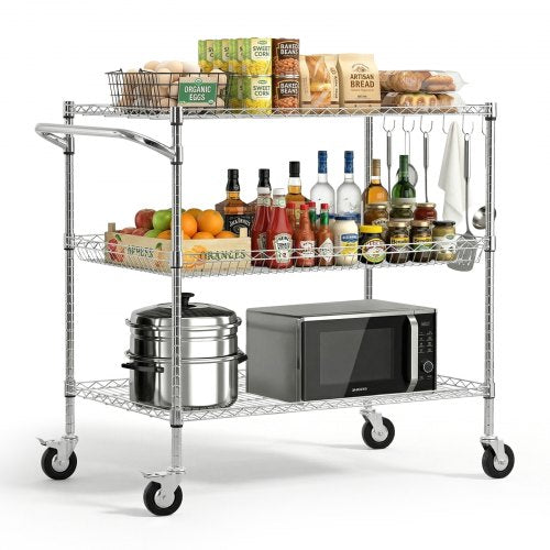 Kitchen Utility Cart, 3 Tier Heavy Duty Adjustable Wire Storage Rack, Commercial Steel Rolling Service Trolley on Wheels, Work Table with Handle Bar, for Garage and Laundry Room, 102x63x104 cm