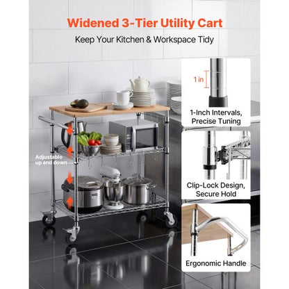 Kitchen Utility Cart, 3 Tier Heavy Duty Adjustable Wire Storage Rack with Wood Tabletop and Handle Bar, Rolling Portable Service Trolley on Wheels, 300 kg Steel Work Table, 76x46x91 cm