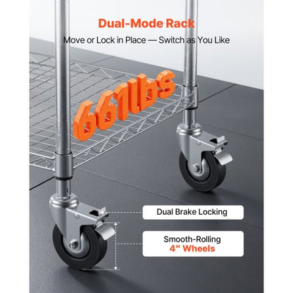 Kitchen Utility Cart, 3 Tier Heavy Duty Adjustable Wire Storage Rack with Wood Tabletop and Handle Bar, Rolling Portable Service Trolley on Wheels, 300 kg Steel Work Table, 76x46x91 cm