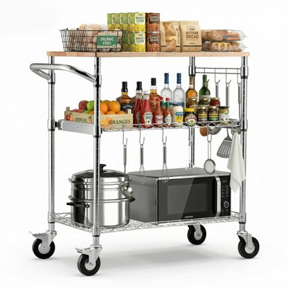 Kitchen Utility Cart, 3 Tier Heavy Duty Adjustable Wire Storage Rack with Wood Tabletop and Handle Bar, Rolling Portable Service Trolley on Wheels, 300 kg Steel Work Table, 76x46x91 cm