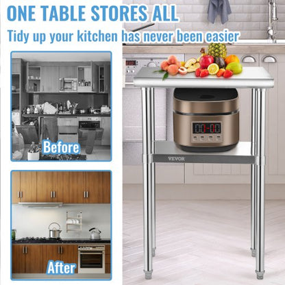 Stainless Steel Prep Table, 61 x 46 x 91 cm, 272 kg Load Capacity Heavy Duty Metal Worktable with Adjustable Undershelf & Feet, Commercial Workstation for Kitchen Restaurant Garage Backyard