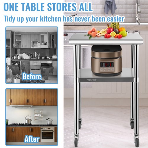 Stainless Steel Prep Table, 61 x 61 x 91 cm, 272 kg Load Capacity Heavy Duty Metal Worktable with Adjustable Undershelf & Universal Wheels, Commercial Workstation for Kitchen Garage Backyard