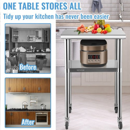 Stainless Steel Prep Table, 61 x 61 x 91 cm, 272 kg Load Capacity Heavy Duty Metal Worktable with Adjustable Undershelf & Universal Wheels, Commercial Workstation for Kitchen Garage Backyard