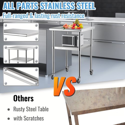 Stainless Steel Prep Table, 61 x 61 x 91 cm, 272 kg Load Capacity Heavy Duty Metal Worktable with Adjustable Undershelf & Universal Wheels, Commercial Workstation for Kitchen Garage Backyard