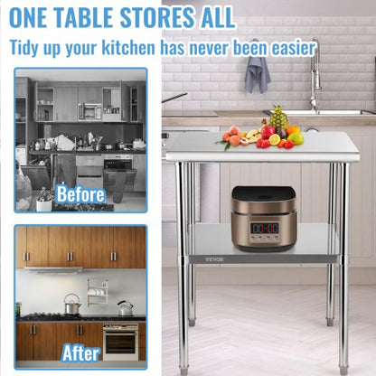 Stainless Steel Prep Table, 30 x 30 x 36 Inch, 800lbs Load Capacity Heavy Duty Metal Worktable with Adjustable Undershelf & Feet, Commercial Workstation for Kitchen Garage Restaurant Backyard